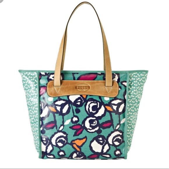 Fossil Handbags - Teal Coated Canvas Rose Key-Per Shopper Tote Bag